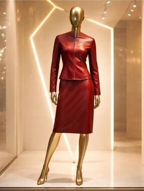 NWT Spenser Jeremy Red Genuine Lambskin Leather Skirt Suit Set - Size 4